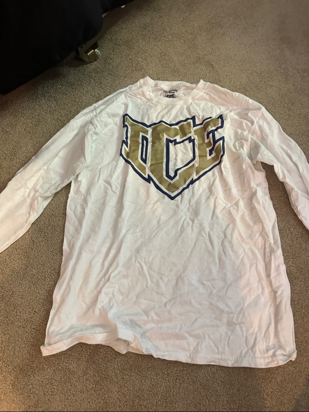 White Long Sleeve Graphic Tee with Bold Gold & Navy Logo